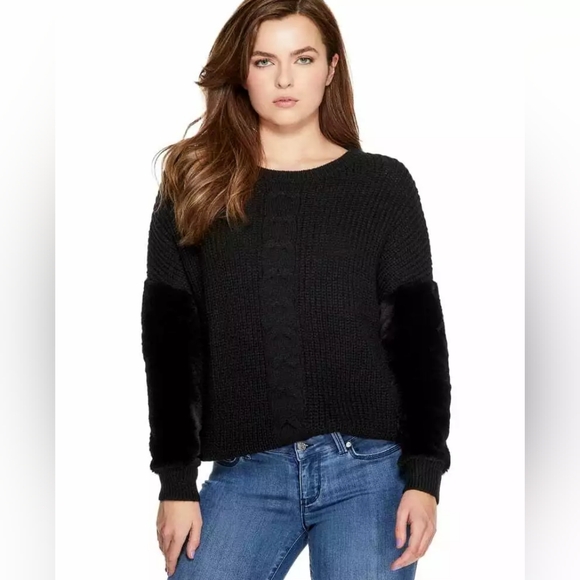 GUESS Roma Faux Fur Cable Knit Black Sweater Size M - Picture 2 of 10